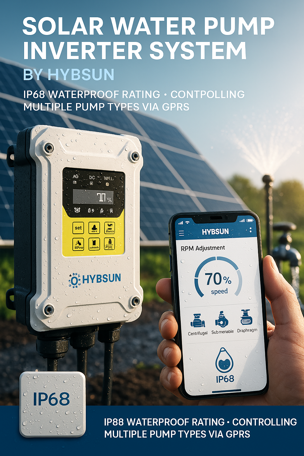 Diagram showing inverter connecting solar panels and pump