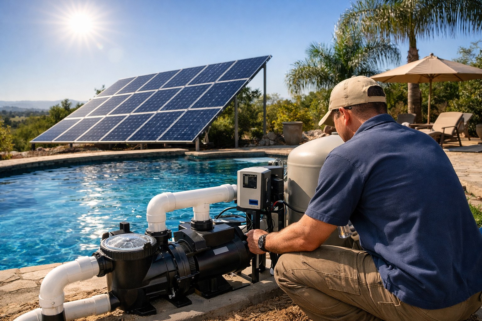 A sunny swimming pool with solar panels nearby
