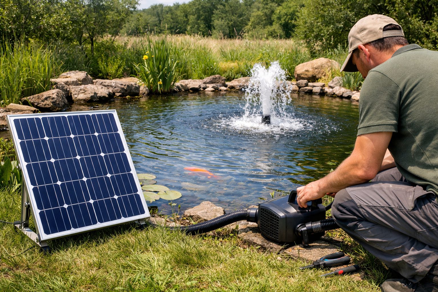 a beautiful pond with a solar-powered water fountain