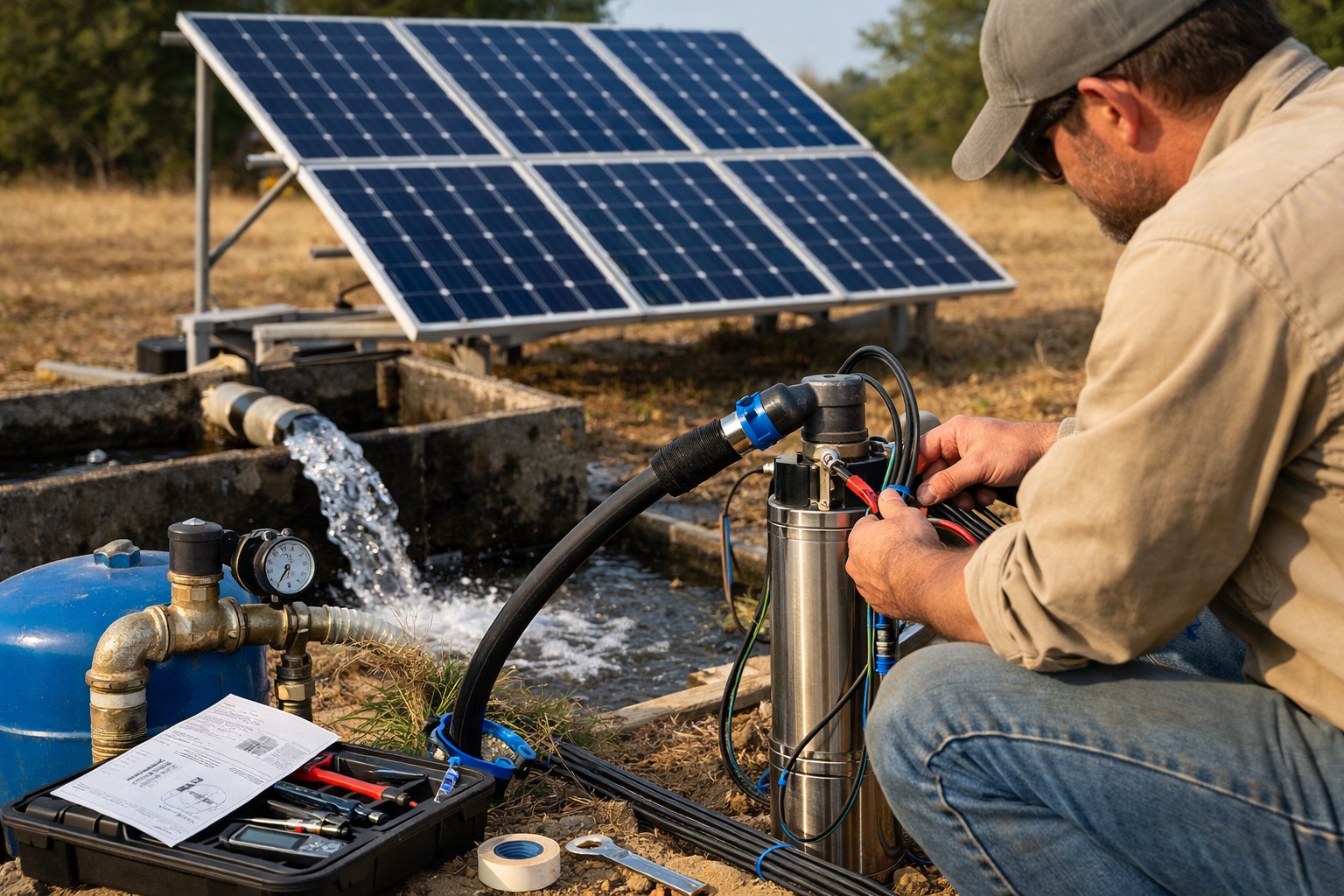 A person successfully installing a solar pump in a field.