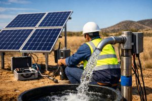 HYBSUN solar borehole pump system operating in a remote off-grid area, showing solar panels powering a deep well water pump while a field technician adjusts the installation beside flowing water, illustrating how solar panels can effectively power a borehole pump for clean, quiet, and reliable water supply without grid electricity or diesel generators.