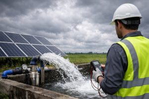HYBSUN solar water pump system operating efficiently on a cloudy day in an open agricultural field, with a professional technician wearing a safety helmet and reflective vest inspecting the pump from behind while avoiding any visible face. Large photovoltaic solar panels stand beside the water pumping setup, and strong water flow is discharged from the pipe into a concrete reservoir under dark overcast skies. This realistic scene highlights how solar pumps can still work on cloudy days by using indirect sunlight, making it ideal for blog content about off-grid water supply, solar irrigation, and reliable HYBSUN solar pumping performance in low-sunlight conditions.