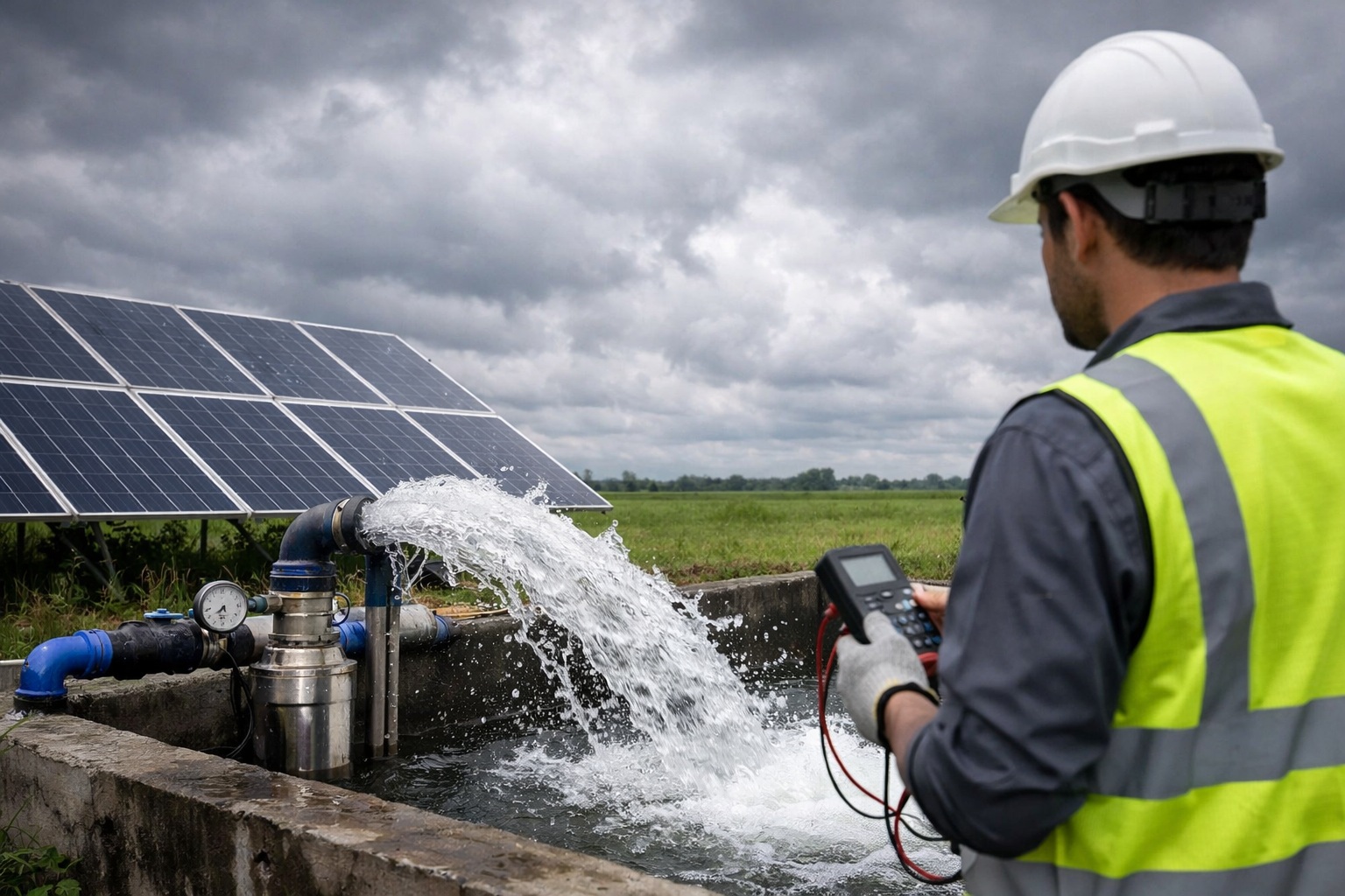 A solar panel array under a cloudy sky next to a water tank.