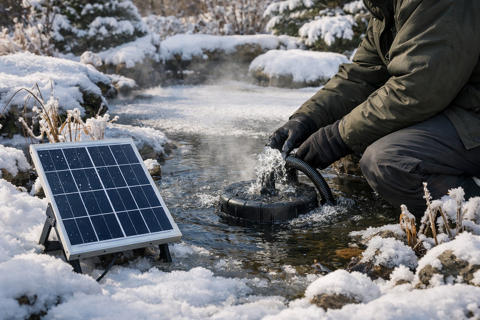A solar-powered pond pump operating on a crisp, sunny winter day.