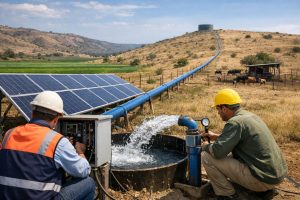 HYBSUN solar water pump system installed in a remote agricultural area, showing two professional technicians working beside solar panels, a pump control box, and a long blue pipeline carrying water across dry farmland toward a distant storage tank on a hill. The image illustrates how far a solar pump can push water for livestock, irrigation, and off-grid water supply, highlighting long-distance water transfer performance in rural environments. This scene is ideal for explaining the question: How far will a solar pump push water?