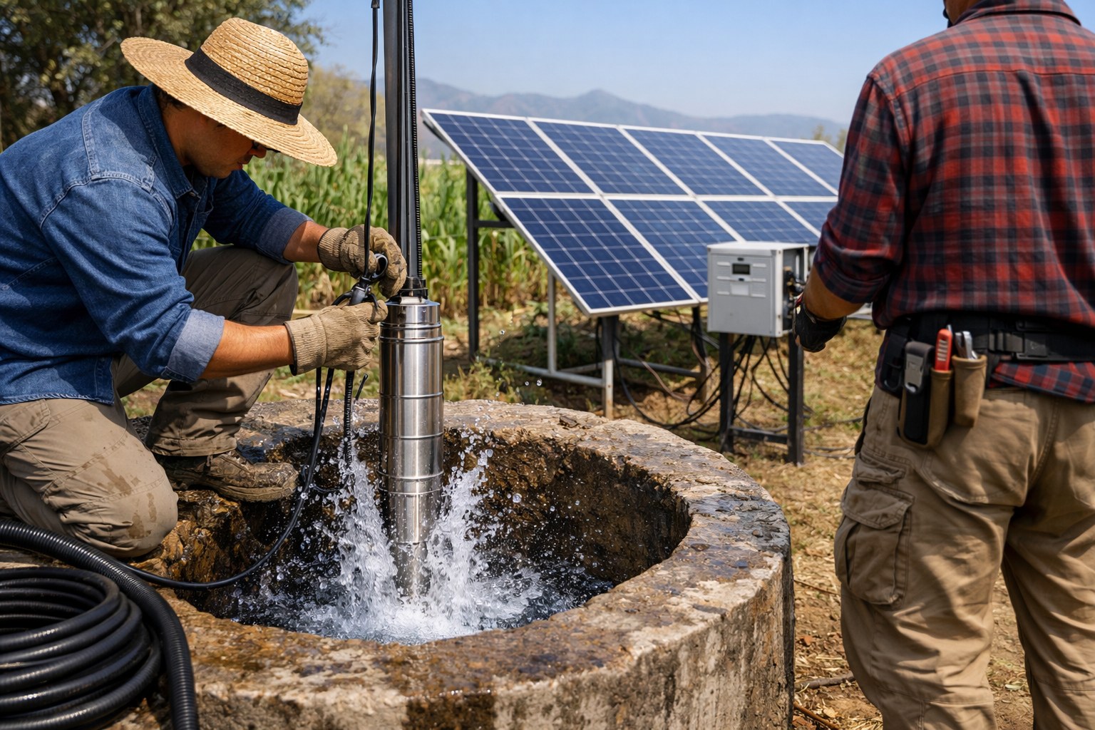 A 1 hp solar pump system installed in a sunny, rural field next to a wellhead.