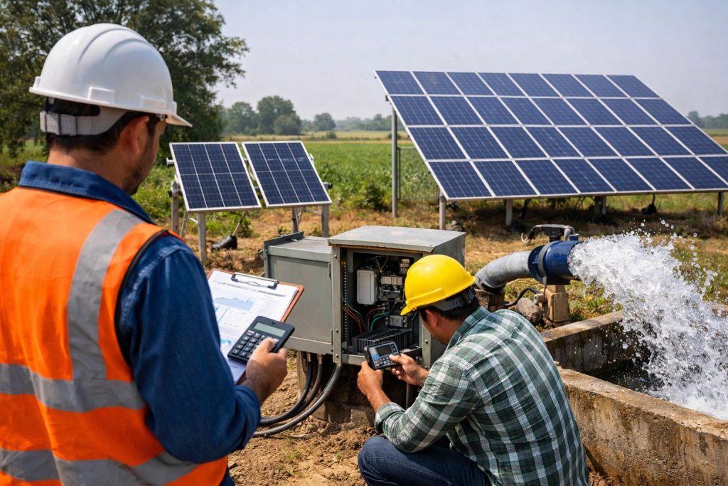 HYBSUN solar water pump system installed in a rural agricultural field, showing multiple solar panels connected to a water pump and control box while two professional technicians inspect the setup without showing their faces. One engineer stands with a clipboard and calculator, and another checks the electrical control panel near the operating pump. Water is flowing strongly from the pump outlet, illustrating a real-world solar pumping application. This image represents the topic “How many solar panels to run a water pump?” by visually showing that solar panel quantity depends on pump size, power demand, and site conditions for reliable water supply.