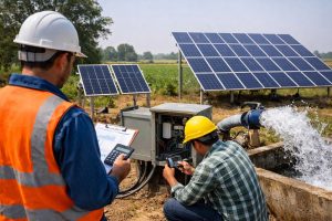 HYBSUN solar water pump system installed in a rural agricultural field, showing multiple solar panels connected to a water pump and control box while two professional technicians inspect the setup without showing their faces. One engineer stands with a clipboard and calculator, and another checks the electrical control panel near the operating pump. Water is flowing strongly from the pump outlet, illustrating a real-world solar pumping application. This image represents the topic “How many solar panels to run a water pump?” by visually showing that solar panel quantity depends on pump size, power demand, and site conditions for reliable water supply.