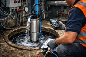 A professional technician inspects a stainless steel 1 HP submersible pump operating continuously inside a water well, with water discharging from the outlet pipe under stable working conditions. The image highlights pump performance, cooling, and continuous-duty operation in a practical industrial setting, illustrating the topic: How long can a 1 HP submersible pump run continuously? HYBSUN submersible pump system concept.