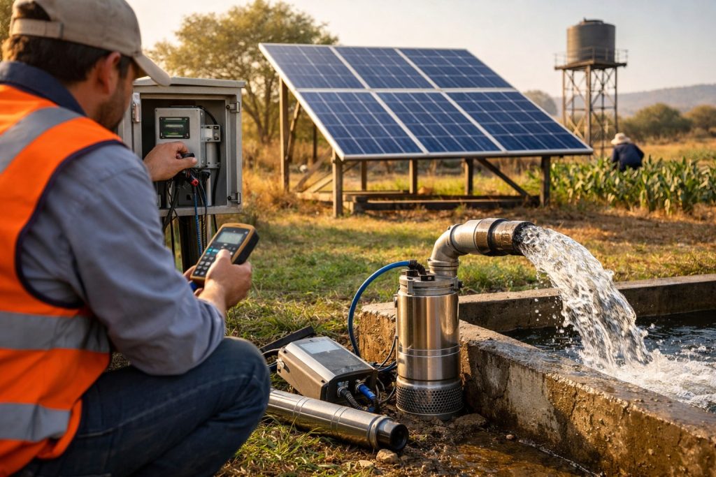 HYBSUN solar water pump system installed in a remote off-grid agricultural area, featuring a professional technician inspecting the pump controller and submersible pump beside working solar panels and a water storage setup. The image shows a durable solar-powered water pumping solution designed for farms, homes, and rural water supply, highlighting the concept behind how long do solar water pumps last, with reliable long-term performance, efficient water delivery, and sustainable operation in outdoor conditions.