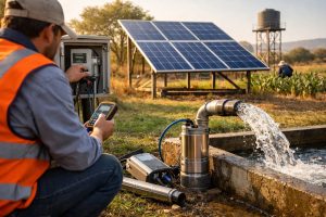 HYBSUN solar water pump system installed in a remote off-grid agricultural area, featuring a professional technician inspecting the pump controller and submersible pump beside working solar panels and a water storage setup. The image shows a durable solar-powered water pumping solution designed for farms, homes, and rural water supply, highlighting the concept behind how long do solar water pumps last, with reliable long-term performance, efficient water delivery, and sustainable operation in outdoor conditions.