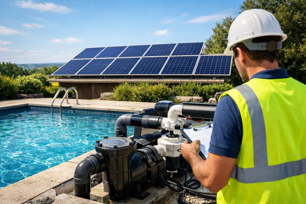 A professional technician wearing a safety helmet and high-visibility vest inspects a HYBSUN pool pump system beside a clean outdoor swimming pool, with multiple solar panels installed in the background under bright sunlight. The image illustrates how solar energy can power a swimming pool pump efficiently and helps explain how many solar panels are needed to run a pool pump in a practical residential setting.