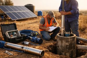 A realistic outdoor installation scene showing a HYBSUN solar borehole pump system in an off-grid rural area, with two professional technicians working beside solar panels, a borehole well, water tanks, controllers, cables, and stainless steel pump equipment. One worker is checking technical documents while another is lowering the borehole pump into the well. The image illustrates the practical setup and components involved when asking, how much does a solar borehole pump cost, including solar power equipment, pump hardware, and installation labor for residential, farm, or remote water supply applications.