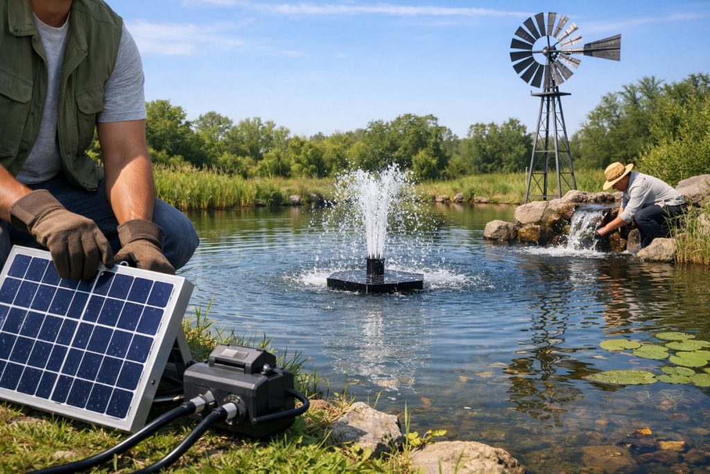 HYBSUN solar pond pump circulating water in an off-grid pond without electricity, featuring a solar-powered fountain aeration system, natural water movement, and a healthy clear pond ecosystem with professional installation in a remote outdoor setting.