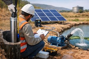How to choose a solar water pump? HYBSUN solar water pump system in a remote outdoor installation, showing a field technician inspecting a solar-powered pumping setup beside a well and pond. The image includes a submersible pump for deep water lifting, a surface pump for water transfer, solar panels, a controller, and water flow in an off-grid environment. This visual represents how to choose the right solar water pump based on water source, pump type, head height, flow requirements, and reliable daily water supply needs.