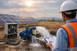 HYBSUN solar water pump system operating in a dry rural field with large solar panels, a professional technician inspecting the equipment, and water flowing from the pump into a concrete tank. This image illustrates the topic “What are the disadvantages of a solar water pump?” by showing a real-world solar pumping setup where buyers may consider challenges such as dependence on sunlight, high initial investment, maintenance requirements, and changing performance under different weather conditions.