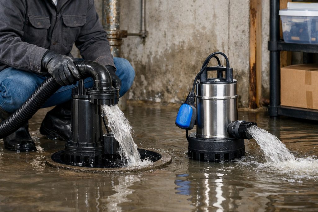 A professional technician without showing his face operates dewatering pumps in a flooded basement to remove standing water. The image shows two water removal pumps actively discharging water in a damp indoor environment, illustrating what you call a pump that removes water. This realistic HYBSUN application scene highlights dewatering pump use for basement flooding, water drainage, property protection, and emergency water removal.