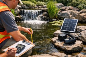 A professional pond technician measures water depth at the edge of a landscaped garden pond while holding a clipboard and calculator, evaluating the correct solar pump size for efficient water circulation. Nearby, a compact HYBSUN solar pond pump system and solar panel are installed on rocks beside the water, with a small waterfall, aquatic plants, and clear pond water visible in the background. This image illustrates the question, “What size solar pump do I need for my pond?”, showing how pond volume, water movement, and waterfall width help determine the right solar pump capacity.