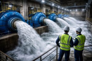What is the biggest water pump? HYBSUN industrial water pump image showing a massive high-capacity pumping station with giant blue mega-pumps discharging huge volumes of water into a flood control channel. Two professional engineers in safety helmets and reflective vests stand with their backs to the camera, inspecting the powerful large-scale water pumping system inside an industrial facility. This scene highlights extreme-flow drainage technology, oversized impellers, and heavy-duty flood protection equipment used for city-scale water management and catastrophic flood prevention.