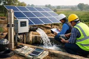HYBSUN 4 HP solar water pump system installed in an off-grid agricultural field, featuring large solar panels, a stainless steel submersible pump, a solar controller, flowing water output, and two professional technicians inspecting the system without showing their faces. This realistic scene illustrates the topic “What is the cost of 4 hp solar water pump?” by showing a complete solar pumping setup used for deep well water supply, farm irrigation, and reliable water delivery in remote areas where electricity costs are high or grid power is unavailable.