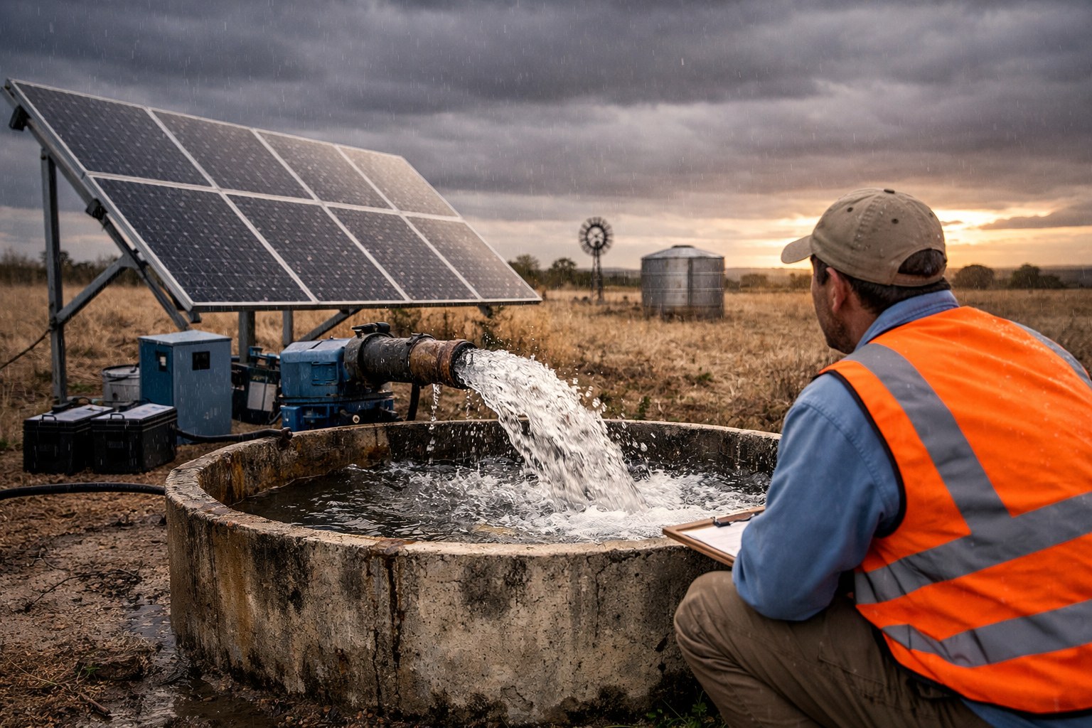 A solar water pump in a field under a cloudy sky