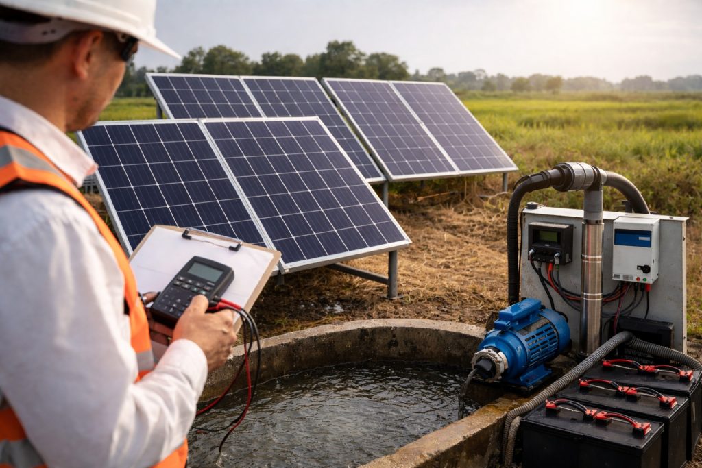 A professional technician wearing a white hard hat and orange safety vest inspects a HYBSUN solar water pump system in an outdoor agricultural setting. Several solar panels are installed behind the pump system, positioned to capture strong sunlight for efficient power generation. In the foreground, the technician holds a testing device and clipboard while checking system performance beside a blue surface pump, controller box, vertical stainless-steel pump unit, and battery setup. The pump is not discharging water, clearly emphasizing system inspection, solar panel matching, and equipment compatibility. This realistic scene highlights the key question: Which solar panel is best for a water pump? It visually represents the importance of selecting the correct solar panel wattage and voltage for reliable HYBSUN water pump operation, energy efficiency, and long-term system protection.