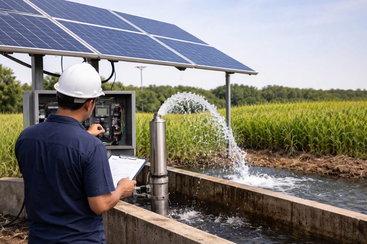 A collage of different solar water pumps in various agricultural and domestic settings