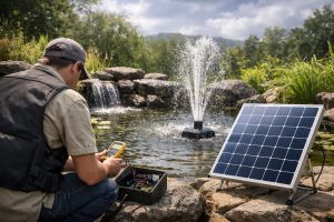 A professional technician inspects a HYBSUN solar-powered pond pump system beside a decorative garden pond, evaluating pump performance and electrical connections near a working fountain spray and waterfall feature. A solar panel is positioned at the pond edge, supplying clean energy to the pump in an outdoor landscaped setting with natural stones, aquatic plants, and bright daylight. This image represents the question, “Are solar-powered pond pumps worth it?” by showing a practical HYBSUN solar pond pump solution designed for energy savings, eco-friendly operation, and reliable water circulation in decorative ponds and off-grid applications.