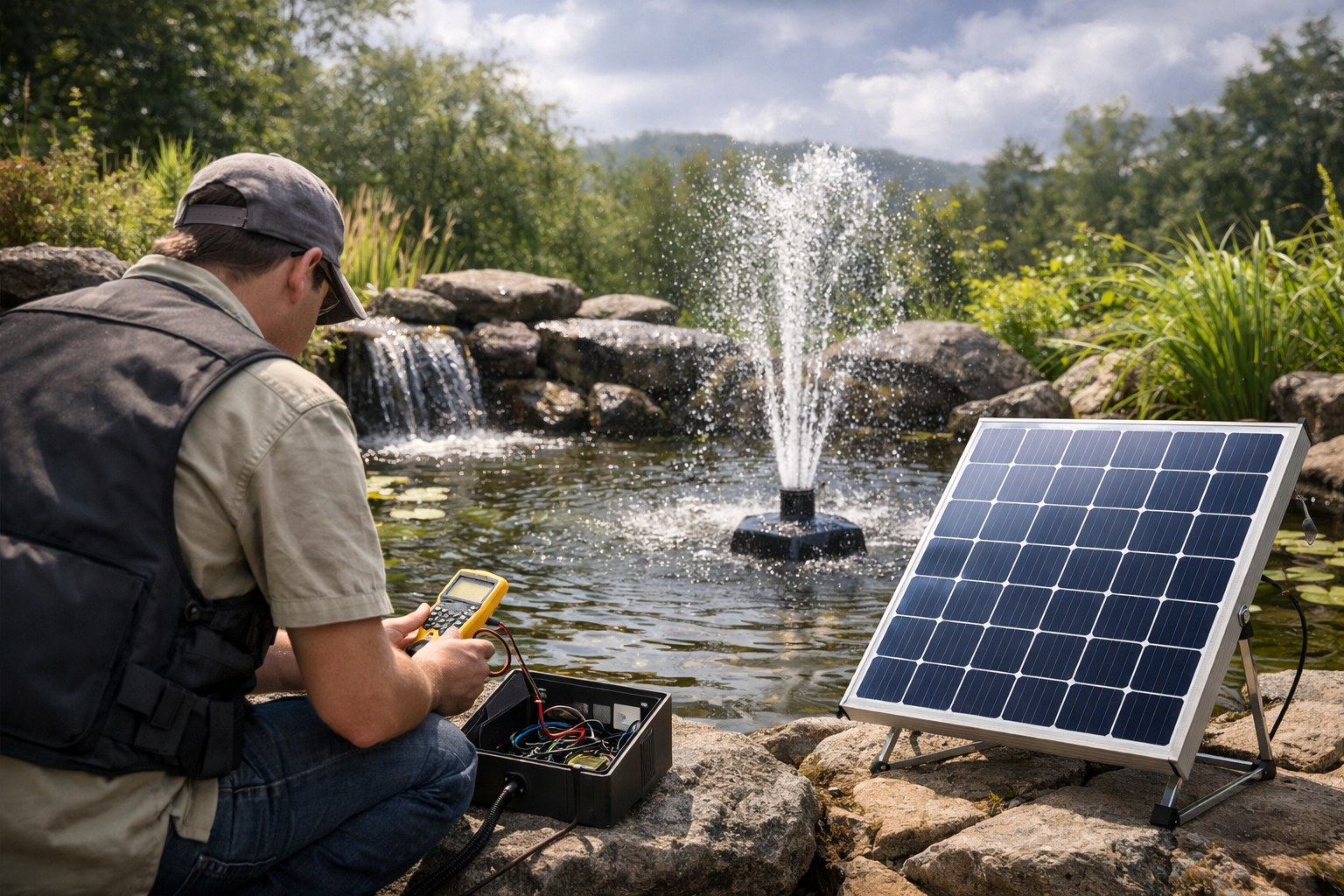 A solar panel next to a garden pond with a fountain