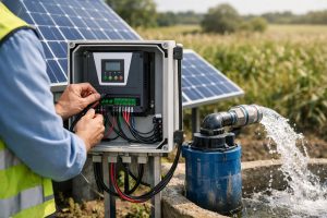 A professional technician wearing a safety vest inspects a HYBSUN solar water pump system installed outdoors in a rural field during daylight. The image shows solar panels connected to a solar pump controller, with cables being tested for safe operation while water flows strongly from the pump outlet into a concrete water reservoir. This realistic scene illustrates how a solar panel can power a water pump efficiently when used with the correct solar pump controller instead of being wired directly.