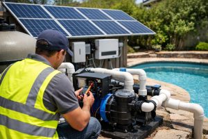 Can I run my pool pump off solar power? This detailed HYBSUN image shows a professional technician inspecting a solar-powered pool pump system beside a clean backyard swimming pool on a sunny day. Large solar panels are mounted in the background, connected to the pool pump equipment and control units, demonstrating how solar energy can power pool circulation systems efficiently. The scene highlights a modern HYBSUN solar pool pump installation designed to reduce electricity bills, improve energy efficiency, and support reliable pool water circulation with renewable solar power. The technician is shown from behind without a visible face, creating a professional and natural maintenance setting for residential solar pool pump applications.