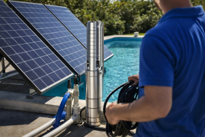 A realistic outdoor poolside scene showing a HYBSUN solar-powered pool pump system installed beside a modern residential swimming pool under bright sunlight. The image features solar panels actively supplying clean energy to the pool pump, highlighting an energy-efficient and eco-friendly way to maintain water circulation. A professional technician is present in the scene without showing their face, reinforcing installation and maintenance expertise. The setting emphasizes sustainable pool care, reduced electricity bills, and reliable solar pump performance for homeowners searching: Can I run my pool pump off solar power?