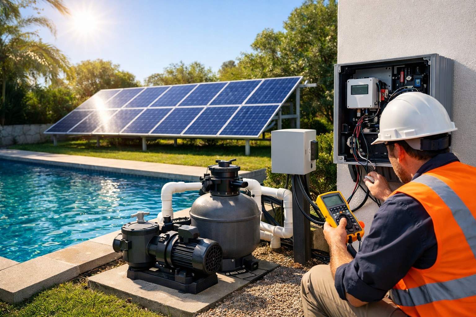 A solar-powered pool pump system next to a clear blue swimming pool