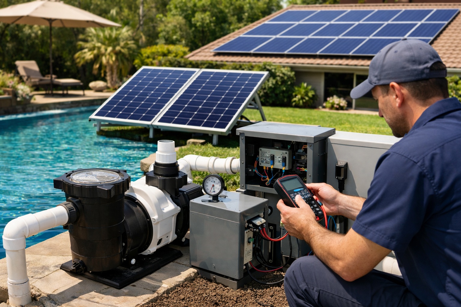 a solar-powered pool pump system installed next to a swimming pool
