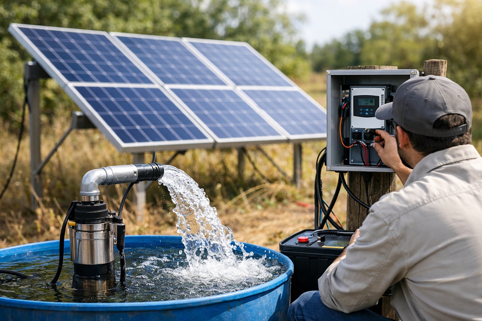 A solar panel connected to a water pump controller in a field