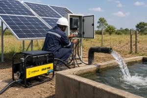 A professional outdoor solar water pumping system shows a HYBSUN SOLAR PUMP installed beside a concrete water tank in a rural field. Large solar panels supply power through a dedicated controller box, where a technician in workwear and a safety helmet is checking the wiring without showing his face. Water flows strongly from a pipe into the tank, demonstrating a safe and efficient off grid solar pump setup. The image clearly highlights that a solar pump should be used with a proper controller instead of being connected directly to a solar panel, helping protect the pump motor, improve performance, and extend service life.
