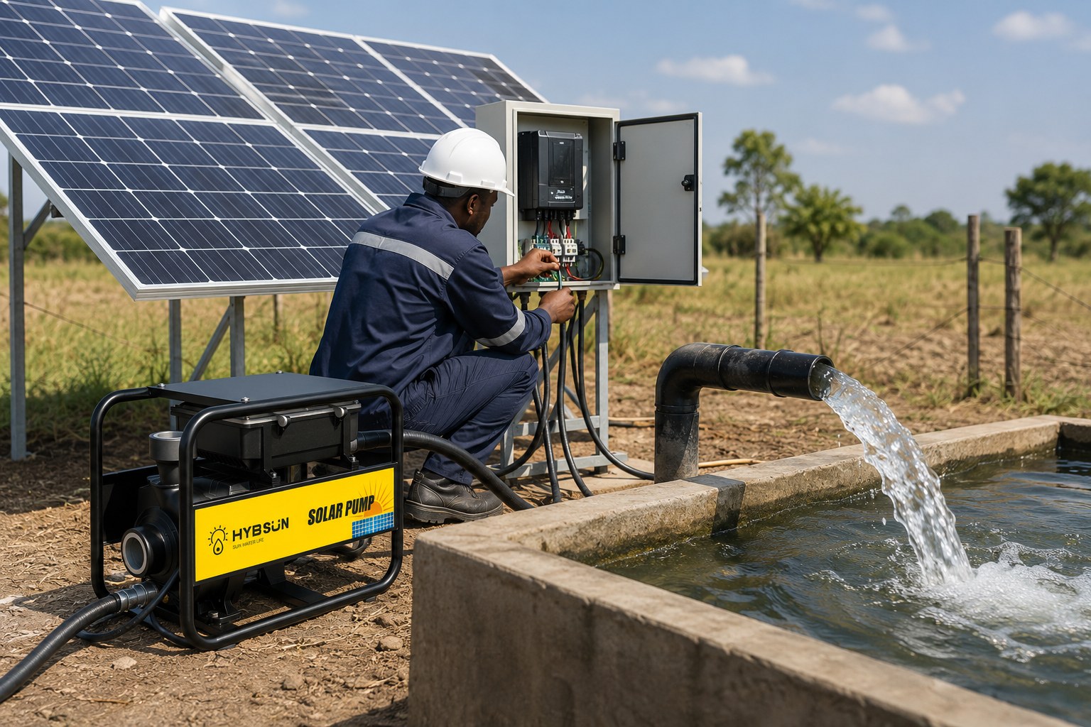 A solar panel next to a water well pump