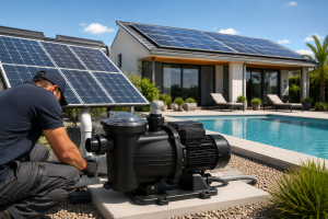 A professional outdoor installation scene showing a black HYBSUN solar pool pump connected to pool plumbing beside a modern residential swimming pool. A technician in workwear is crouching near the pump and adjusting the pipe connection without showing his face. Solar panels are installed beside the pool equipment area, while additional solar panels are visible on the roof of the house in the background. The image visually explains how a pool pump can run off solar panels, either through a dedicated solar pool pump system or a home solar power setup. The bright sunny environment, clean swimming pool, modern villa, and solar energy equipment highlight energy savings, lower electricity bills, renewable power, and efficient pool water circulation with a HYBSUN solar pool pump solution.