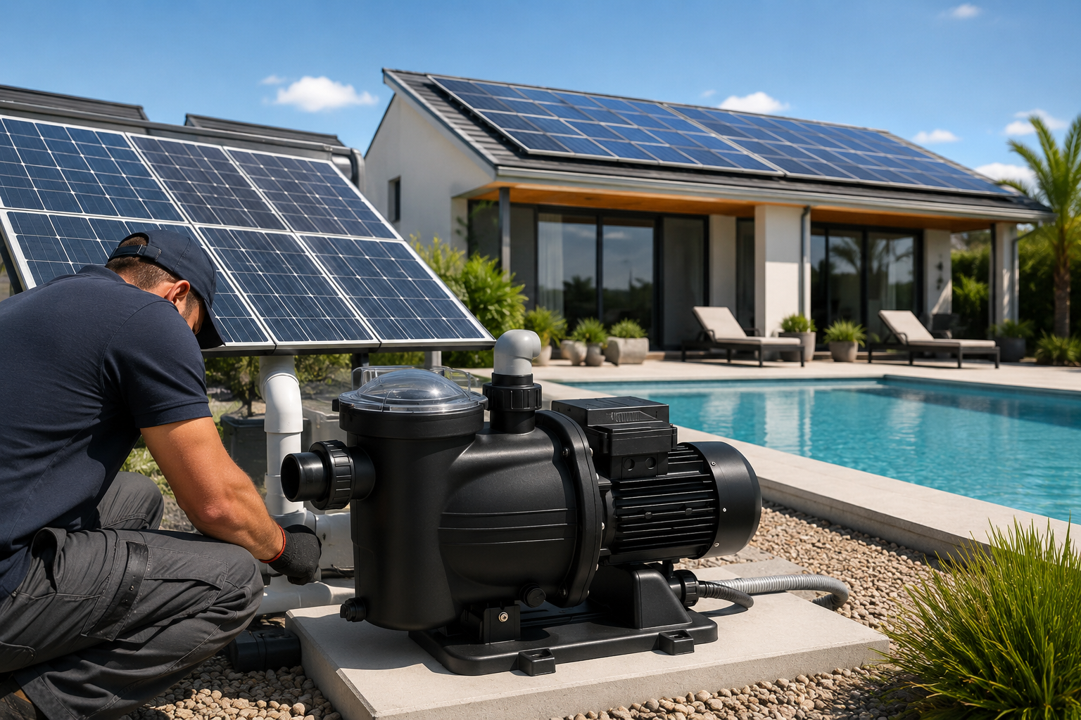 A sunny swimming pool with solar panels on a nearby roof
