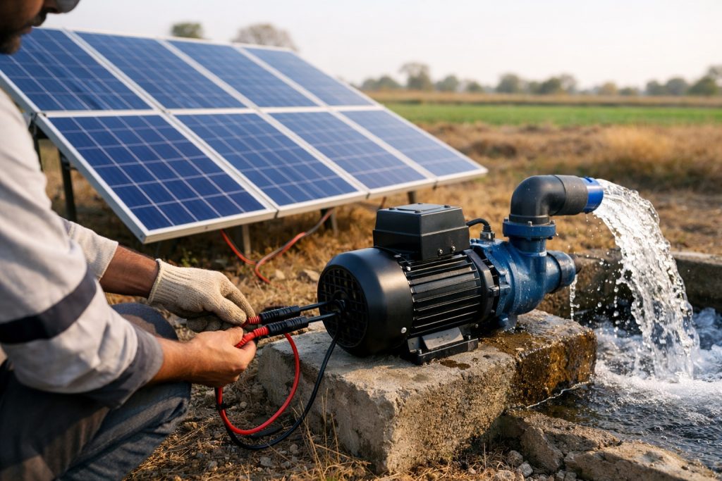 A professional technician connects a HYBSUN solar water pump directly to solar panels in a rural outdoor setting, showing a working DC water pump system with strong water flow, photovoltaic panels, and efficient off-grid water supply for agricultural and household use. This image illustrates how a solar panel can directly power a water pump for daytime irrigation and sustainable water pumping applications.