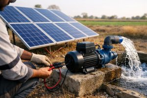 A professional technician connects a HYBSUN solar water pump directly to solar panels in a rural outdoor setting, showing a working DC water pump system with strong water flow, photovoltaic panels, and efficient off-grid water supply for agricultural and household use. This image illustrates how a solar panel can directly power a water pump for daytime irrigation and sustainable water pumping applications.