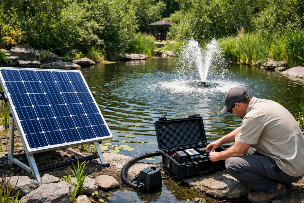 A high-resolution outdoor image showing a HYBSUN solar-powered pond pump system operating beside a landscaped garden pond. In the foreground, a professional technician without a visible face is crouched near the pond edge, connecting and checking the solar pump control components inside a black equipment case. On the left side, a tilted solar panel captures sunlight to power the pond pump system. In the background, the pond fountain is actively spraying water, demonstrating efficient pond aeration and circulation powered by solar energy. The scene highlights an eco-friendly and cost-effective solution for pond maintenance, showing how a solar pond pump can reduce electricity bills, support off-grid operation, and keep pond water clean and healthy. This image is ideal for content targeting the keyword “Can you run a pond pump off solar power?” and promotes HYBSUN as a reliable solar water pump brand.
