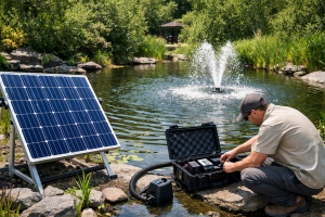 A high-resolution outdoor image showing a HYBSUN solar-powered pond pump system operating beside a landscaped garden pond. In the foreground, a professional technician without a visible face is crouched near the pond edge, connecting and checking the solar pump control components inside a black equipment case. On the left side, a tilted solar panel captures sunlight to power the pond pump system. In the background, the pond fountain is actively spraying water, demonstrating efficient pond aeration and circulation powered by solar energy. The scene highlights an eco-friendly and cost-effective solution for pond maintenance, showing how a solar pond pump can reduce electricity bills, support off-grid operation, and keep pond water clean and healthy. This image is ideal for content targeting the keyword “Can you run a pond pump off solar power?” and promotes HYBSUN as a reliable solar water pump brand.