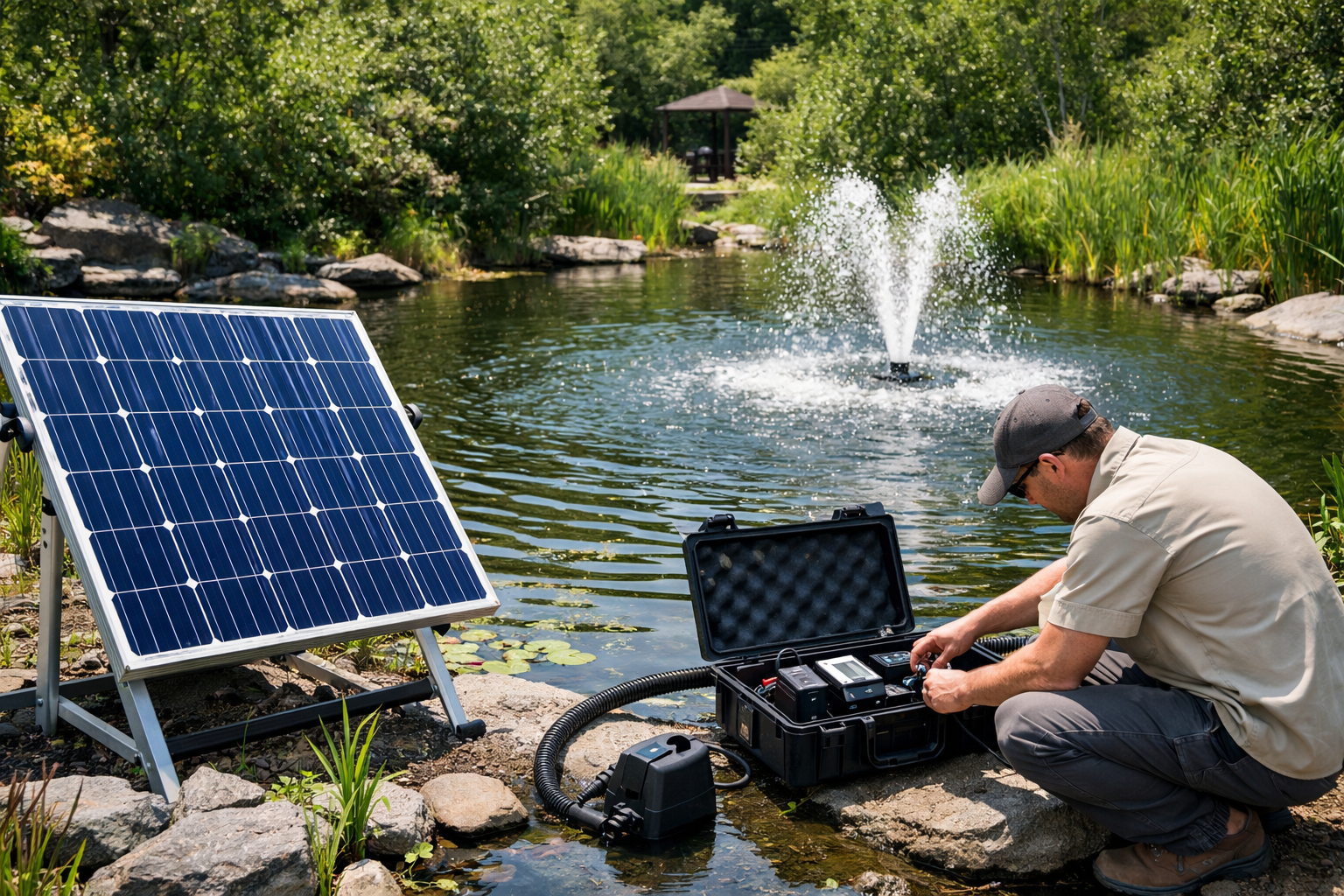 A solar-powered pump aerating a beautiful garden pond