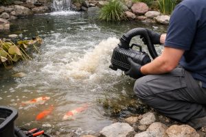 A professional pond technician from HYBSUN inspects a backyard pond with cloudy water caused by an oversized pond pump. The powerful pump creates excessive turbulence, disturbing sediment at the bottom, stressing koi fish, and damaging nearby aquatic plants. This realistic pond maintenance scene highlights the common problem behind the question, “Can a pump be too big for a pond?” and shows how choosing the wrong pump size can harm water clarity, fish health, and the overall pond ecosystem.