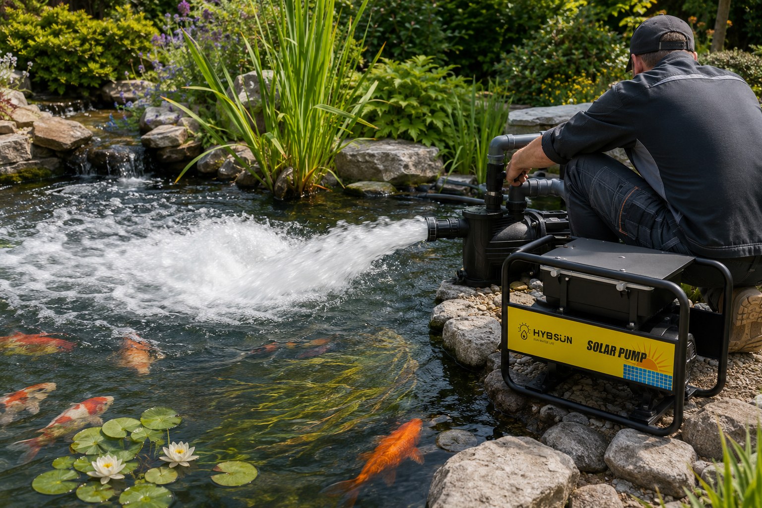A powerful water pump creating a large fountain in a garden pond