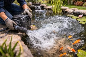 A realistic backyard pond maintenance scene showing a powerful HYBSUN pond pump creating strong water turbulence near the pond edge while a professional technician, with face not visible, adjusts the system by hand. The excessive water flow disturbs the pond environment, stirs up bottom sediment, creates cloudy water, and causes visible stress to koi fish and aquatic plants. This image illustrates the question, Can a pond pump be too powerful?, by showing how an oversized pond pump can disrupt water balance, waste energy, and negatively affect fish health and pond clarity in a residential garden setting.