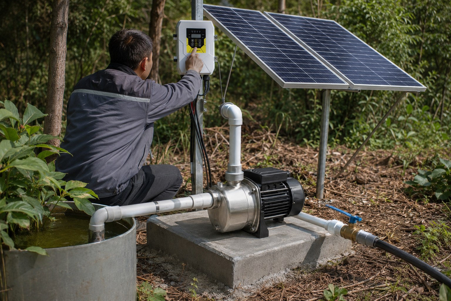 A small water pump connected to a solar panel in a sunny field.