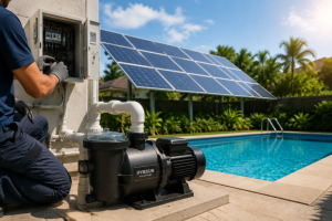 A sunny backyard pool scene with a clear blue swimming pool surrounded by greenery and palm trees. A technician wearing dark work attire and gloves inspects an open electrical control box connected to a HYBSUN solar pool pump. White PVC plumbing connects the pump to the pool system, while solar panels in the background capture sunlight to power the pump. The image emphasizes sustainable energy, pool maintenance, and renewable solar solutions using HYBSUN technology without showing the technician’s face.