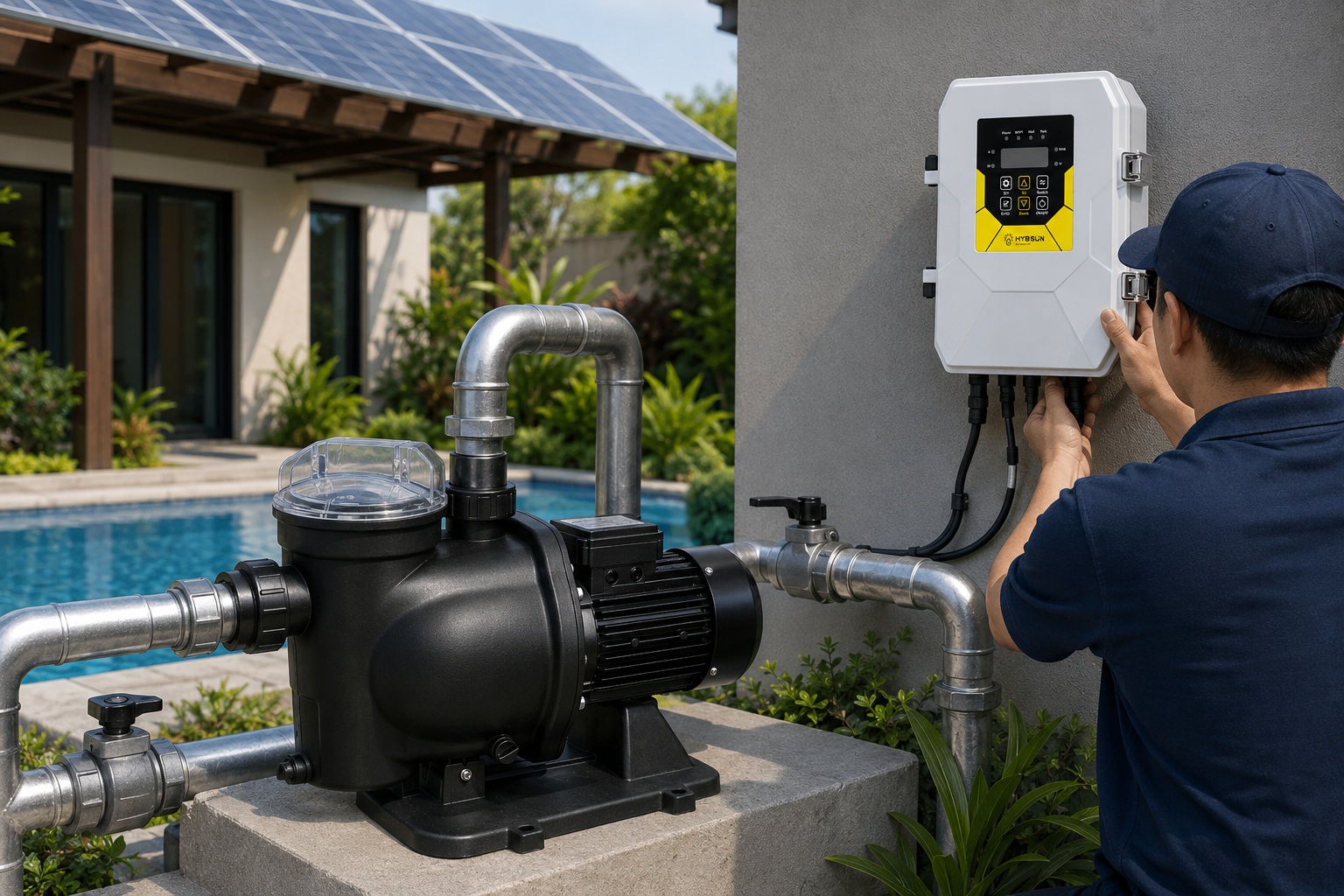 A solar panel next to a swimming pool